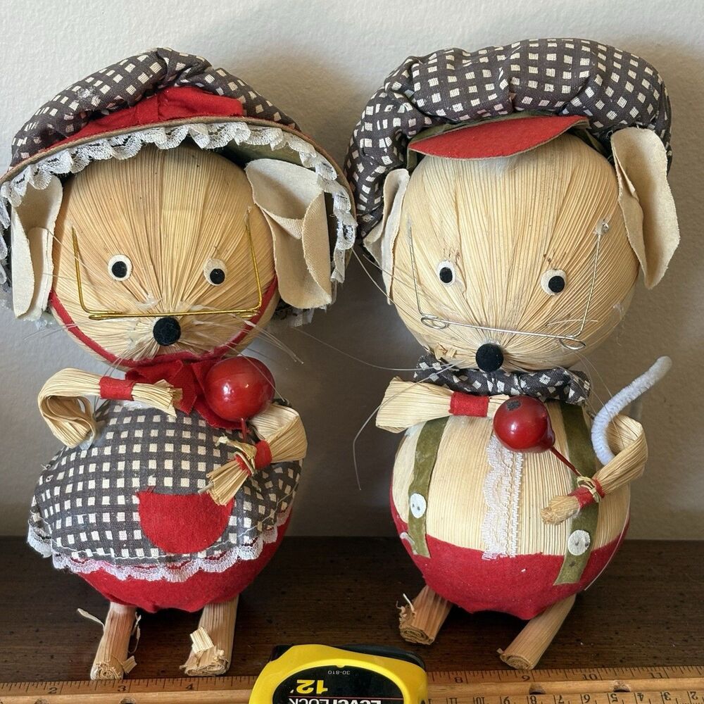 Kurt S. Adler  Vintage Christmas Decor Mice Figures 9” Tall Corn Husk Set of 2